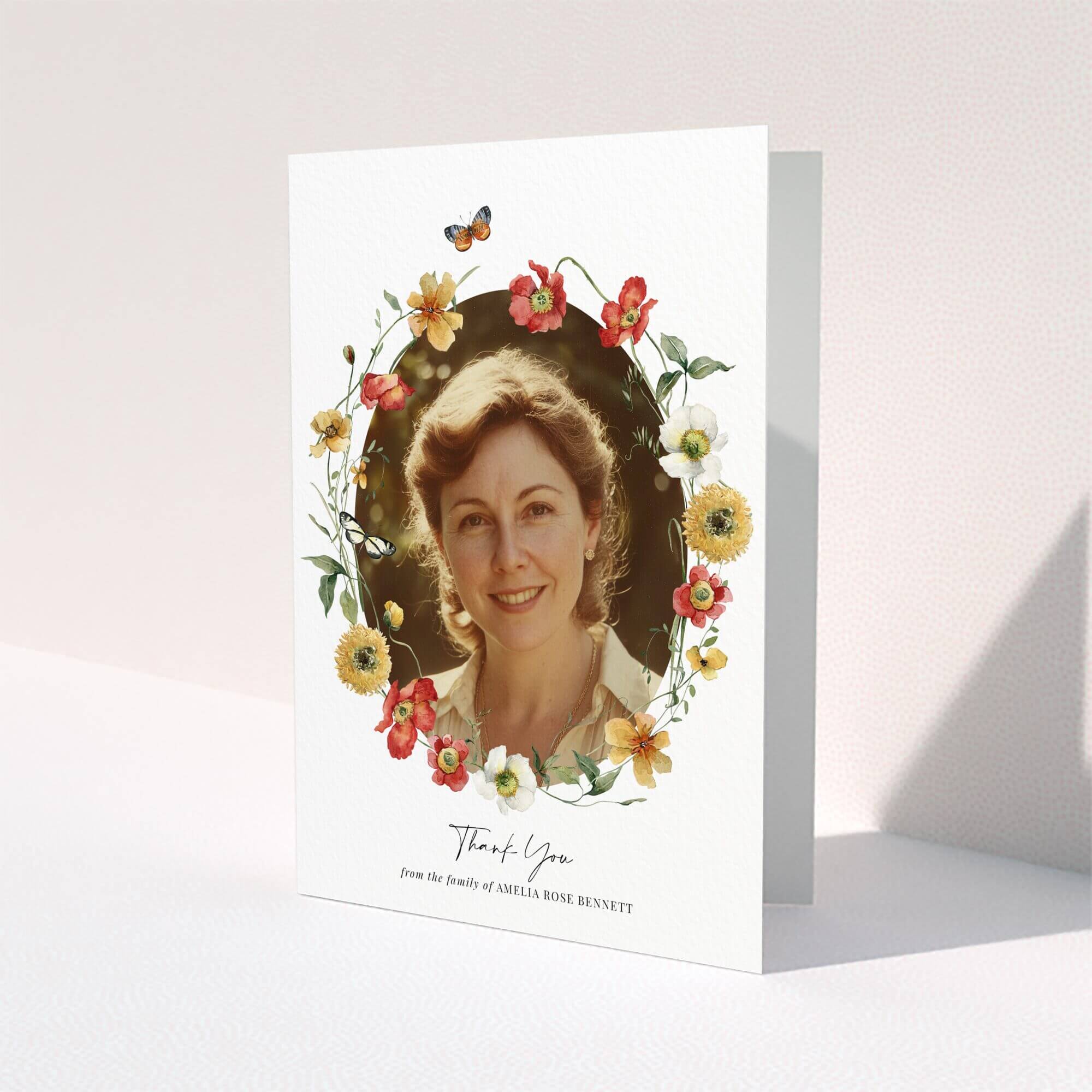 Floral funeral thank you card design with one photo in the centre