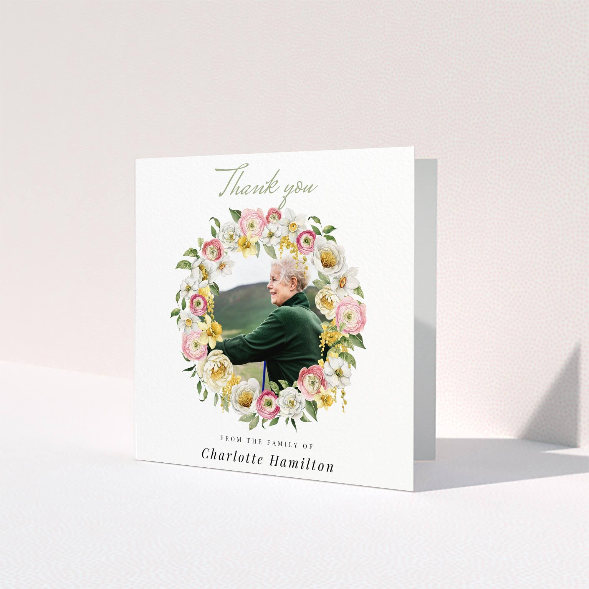 Floral funeral thank you card design with one photo for bereavement gratitude.