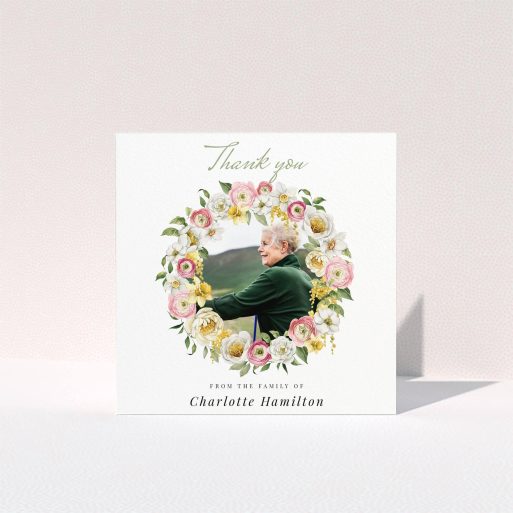 Floral Funeral Card Floral funeral thank you card design with one photo for bereavement gratitude.