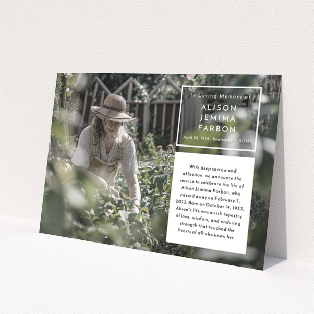 Funeral announcement design with one photo featuring a person in a garden