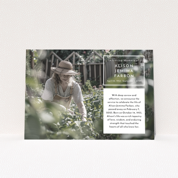 Funeral announcement design with one photo featuring a person in a garden