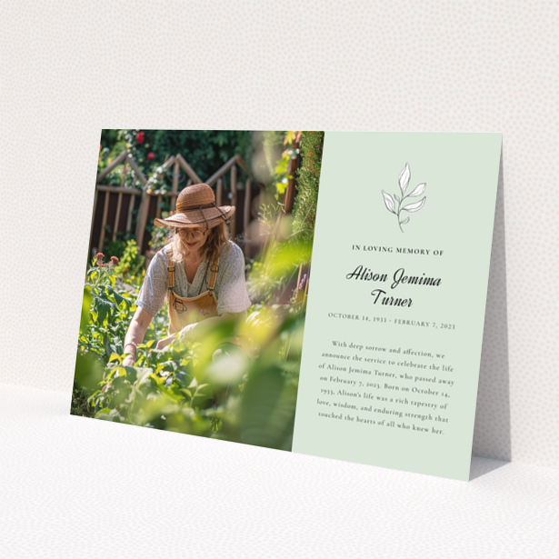 Funeral announcement card with one photo featuring a woman gardening