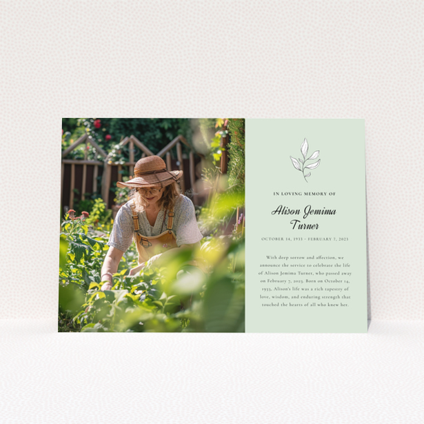 Funeral announcement card with one photo featuring a woman gardening