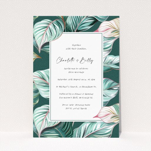 Garden Whisper wedding invitation with serene elegance, featuring graceful dance of white and pink leaves on deep teal backdrop, offering modern take on botanical themes for couples seeking contemporary style with natural motifs, encapsulating sense of quiet romance for intimate wedding celebration This is a view of the front