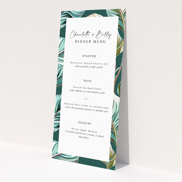 Garden Whisper Wedding Menu Template - Serene Botanical Elegance in Teal and Pink. This is a view of the back