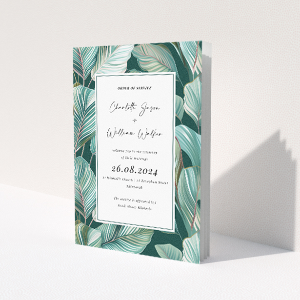 Stylish Garden Whisper Wedding Order of Service Booklet Template. This image shows the front and back sides together