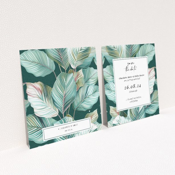 Garden Whisper wedding save the date card template featuring serene botanical leaves in a tranquil garden ambiance. This image shows the front and back sides together