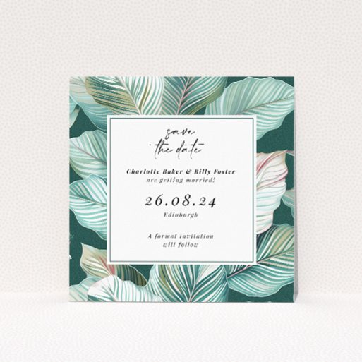 Garden Whisper wedding save the date card template featuring serene botanical leaves in a tranquil garden ambiance. This is a view of the front