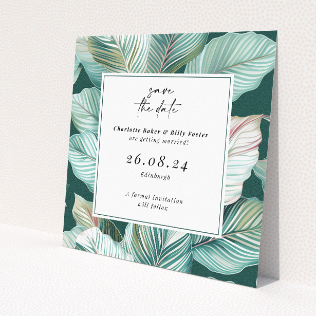 Garden Whisper wedding save the date card template featuring serene botanical leaves in a tranquil garden ambiance. This is a view of the front