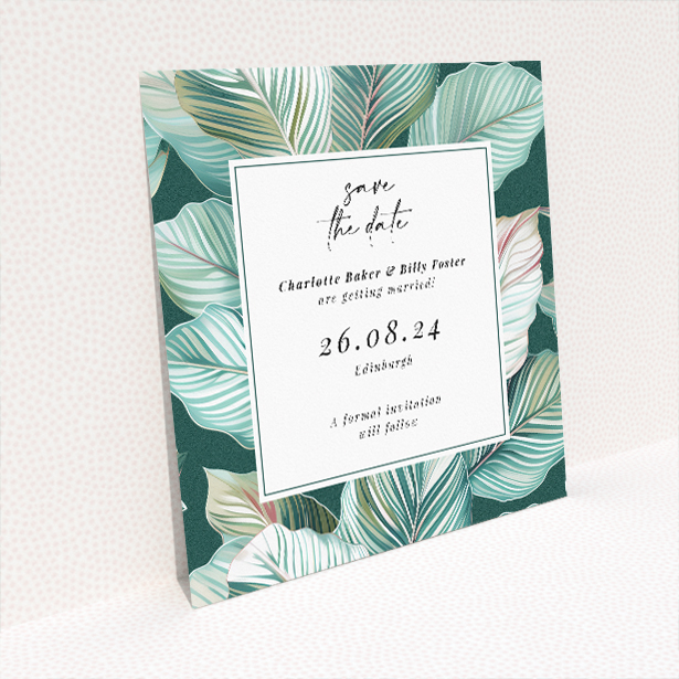 Garden Whisper wedding save the date card template featuring serene botanical leaves in a tranquil garden ambiance. This image shows the front and back sides together