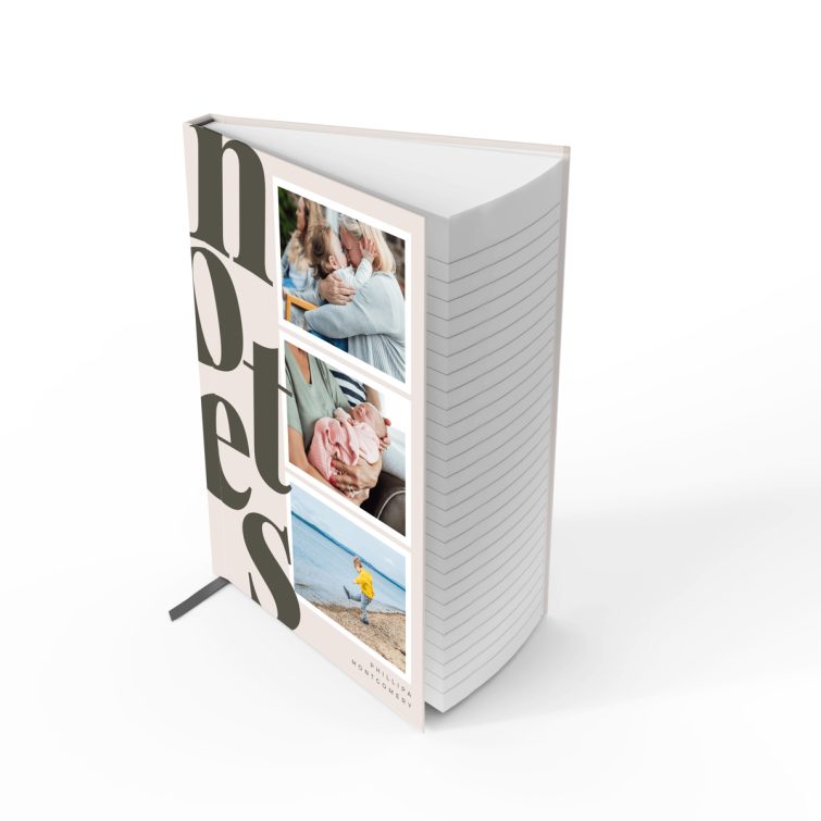 Customisable portrait notebook design with three placeholder photos for personalised printing.