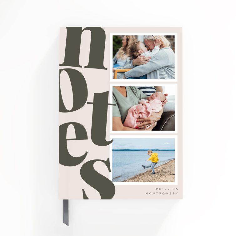 Customisable portrait notebook design with three placeholder photos for personalised printing.