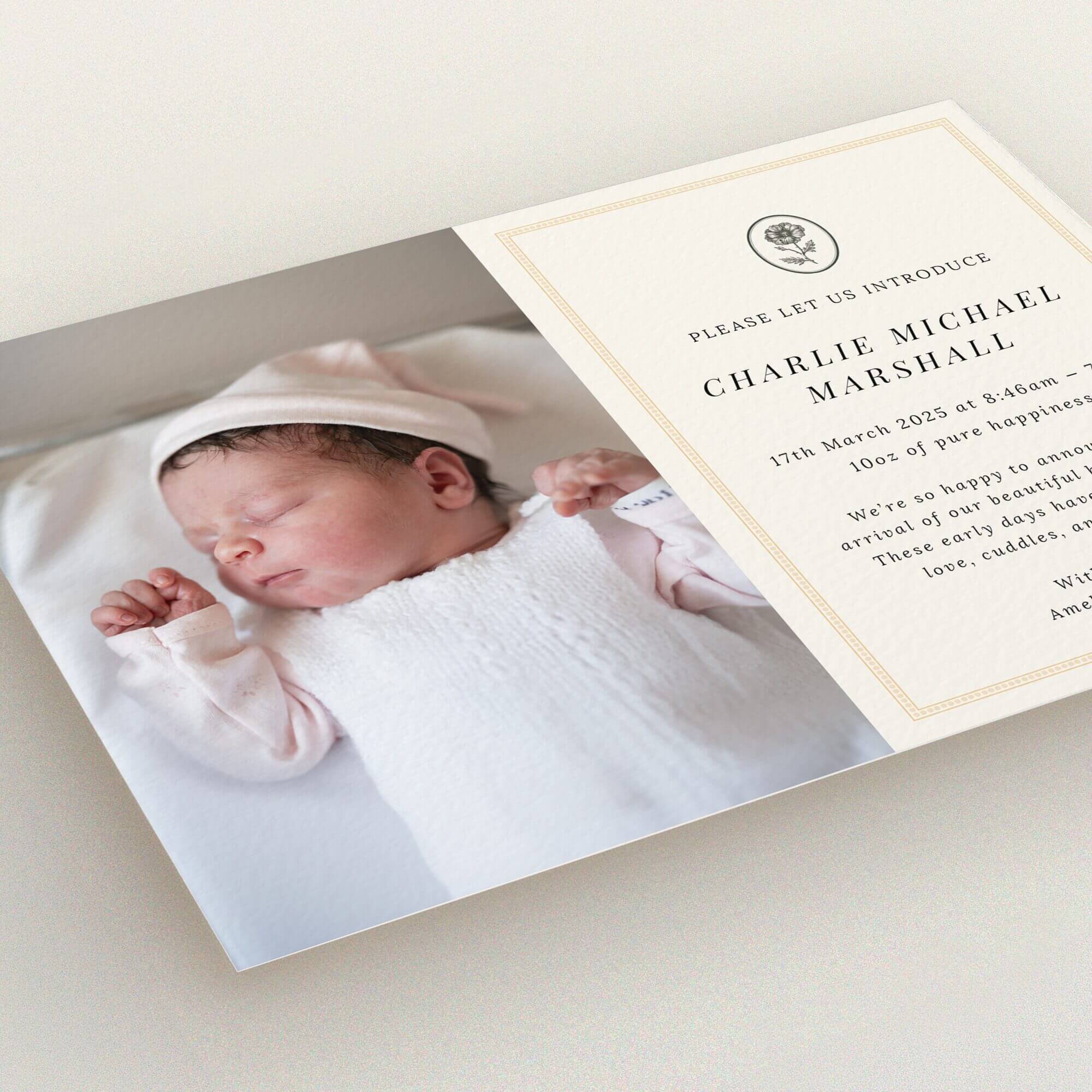 Elegant birth announcement card with a single baby photo on the left side, featuring a classic design and personalised text on the right side.