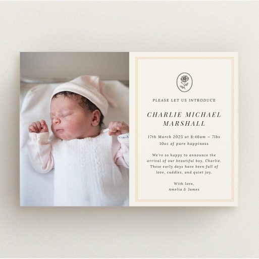 Elegant birth announcement card with a single baby photo on the left side, featuring a classic design and personalised text on the right side.