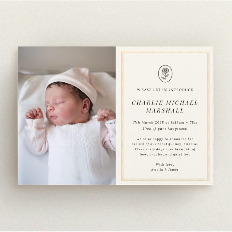 Elegant birth announcement card with a single baby photo on the left side, featuring a classic design and personalised text on the right side.