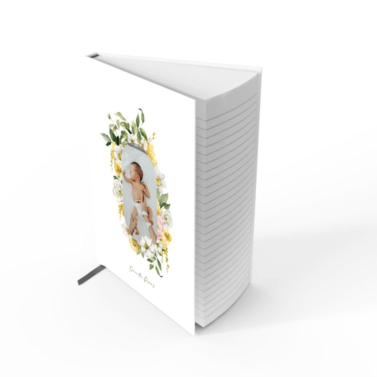 Floral baby-themed notebooks design with one photo on the cover for personalised print products.