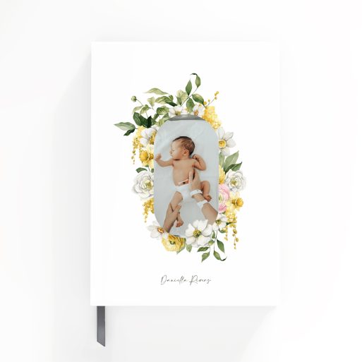 Floral baby-themed notebooks design with one photo on the cover for personalised print products.