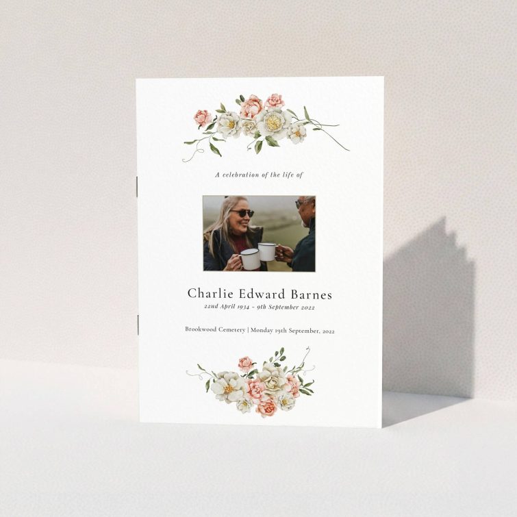 Floral themed funeral order of service program with one photo.
