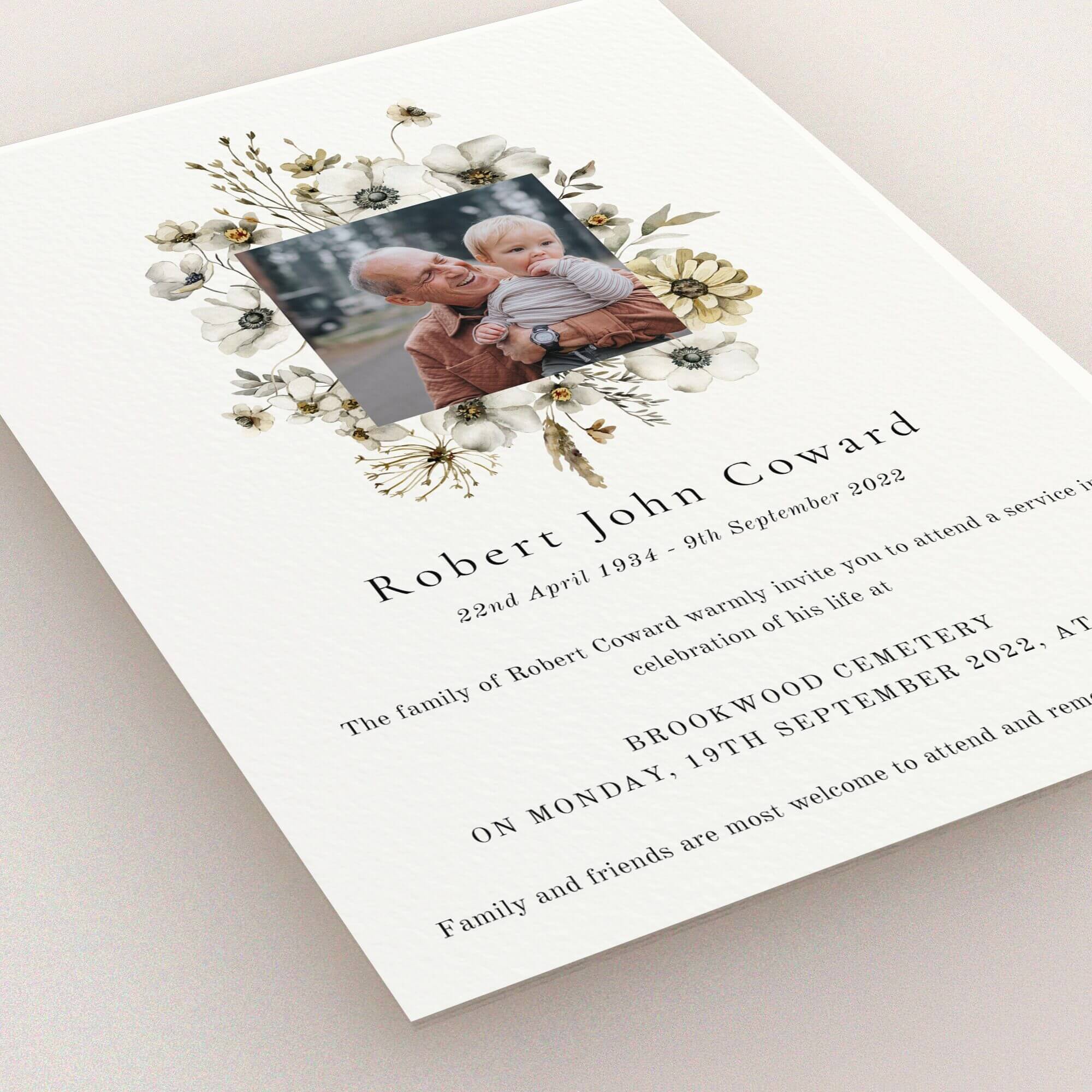 Floral funeral announcement design with one photo for memorial service invitation.