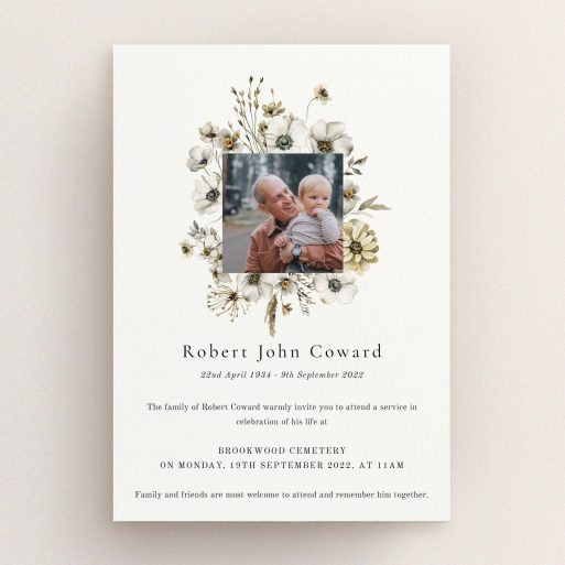 Elegant Funeral Announcement Floral funeral announcement design with one photo for memorial service invitation.