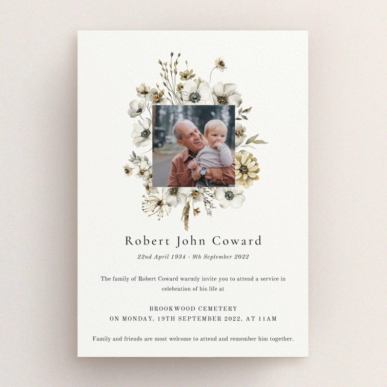 Floral funeral announcement design with one photo for memorial service invitation.