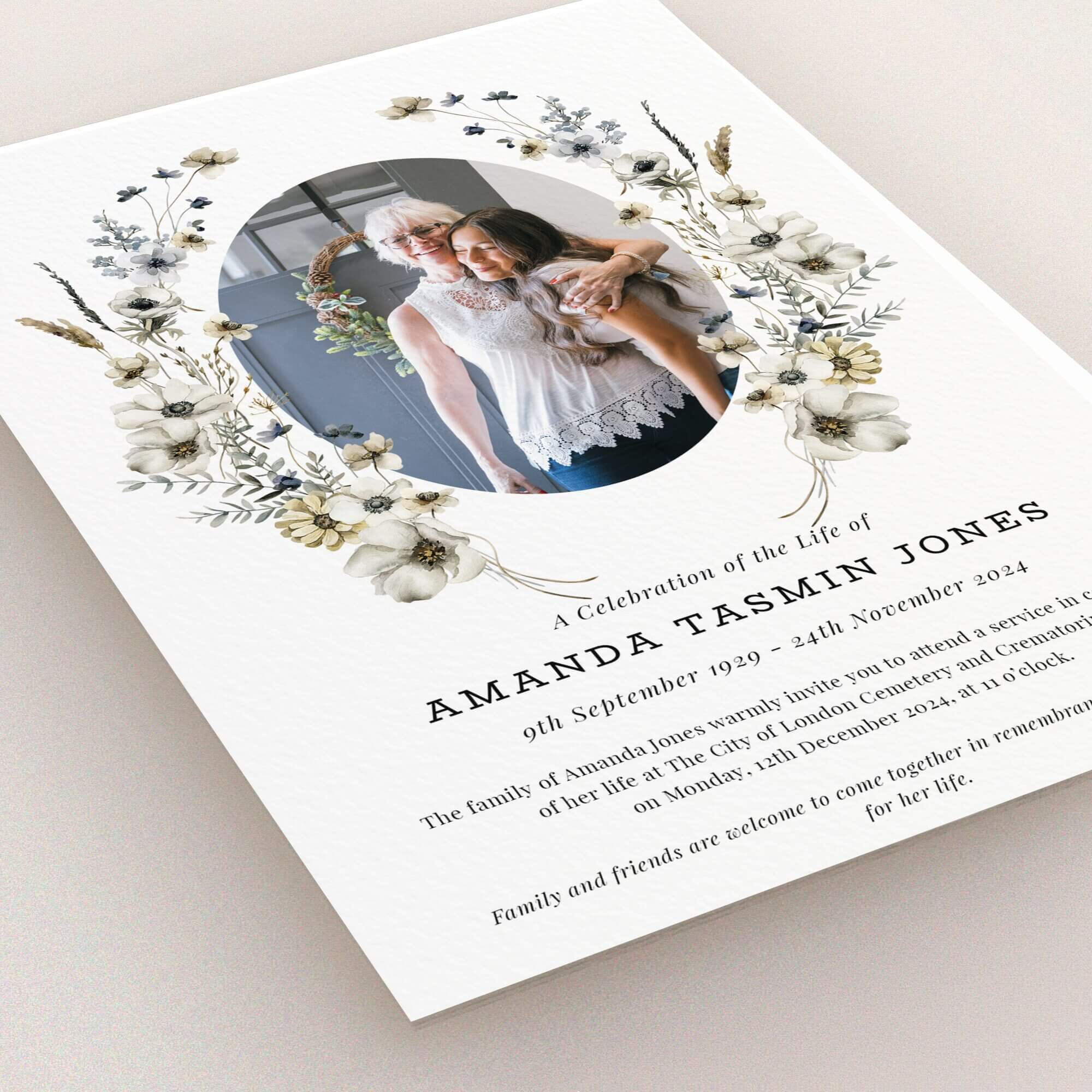 Floral funeral announcement with one photo for a celebration of life service