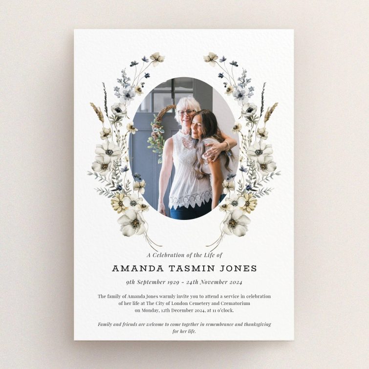 Floral funeral announcement with one photo for a celebration of life service