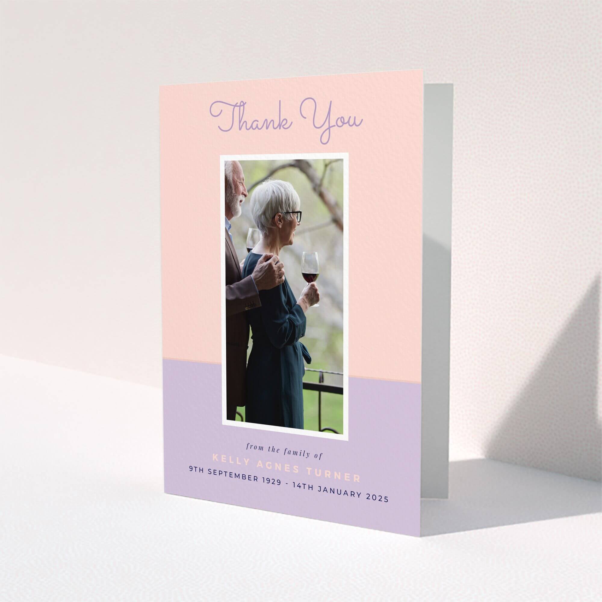 Funeral thank you card design with one photo of a couple holding wine glasses