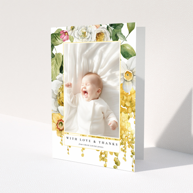 Baby thank you card with floral design and one photo