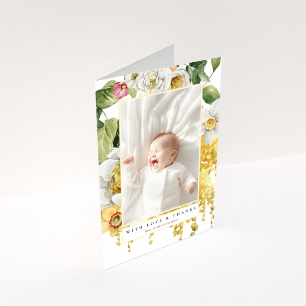 Baby thank you card with floral design and one photo