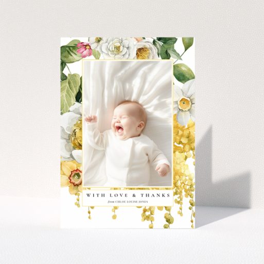 Baby thank you card with floral design and one photo