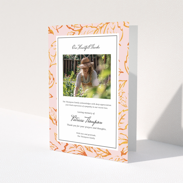 Floral funeral thank you card with one photo and elegant design in loving memory.