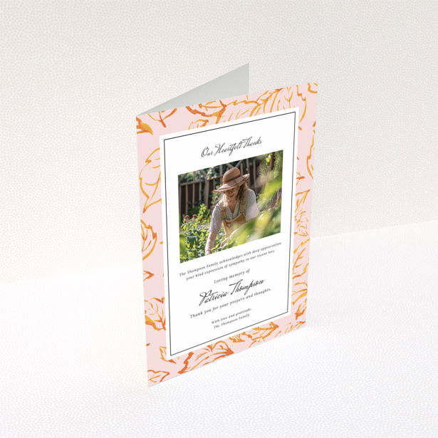 Floral funeral thank you card with one photo and elegant design in loving memory.