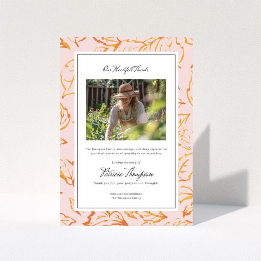 Floral funeral thank you card with one photo and elegant design in loving memory.