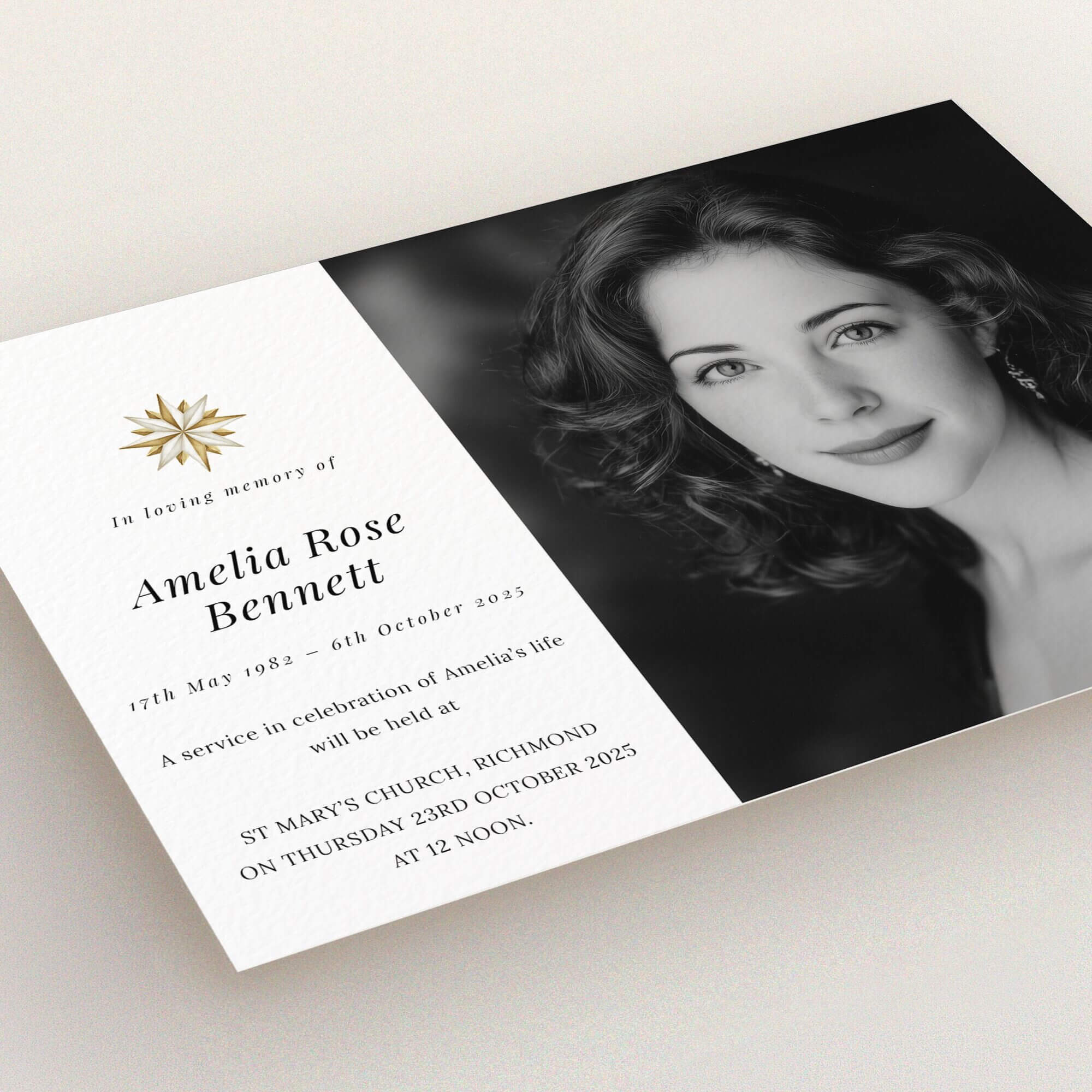 Funeral announcement card design featuring one photo of a woman.