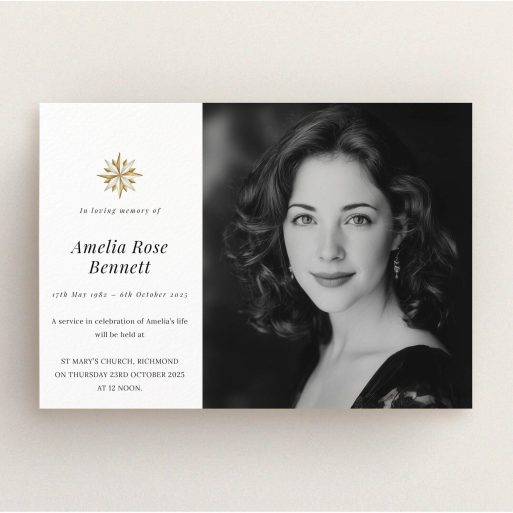 Funeral announcement card design featuring one photo of a woman.