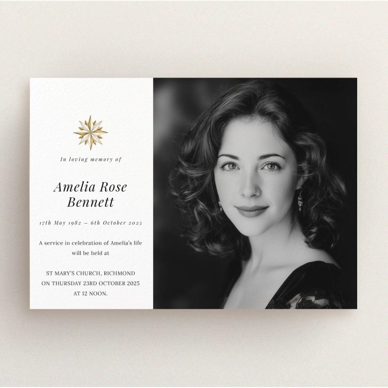 Funeral announcement card design featuring one photo of a woman.