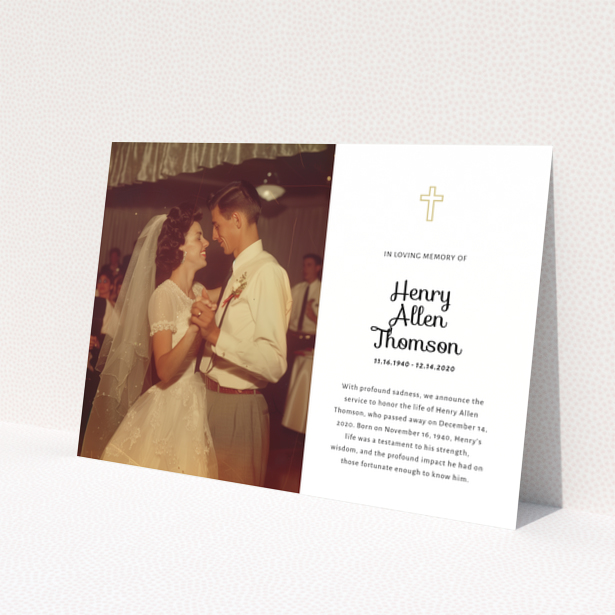 Funeral announcement card design with one photo featuring a couple dancing on their wedding day.