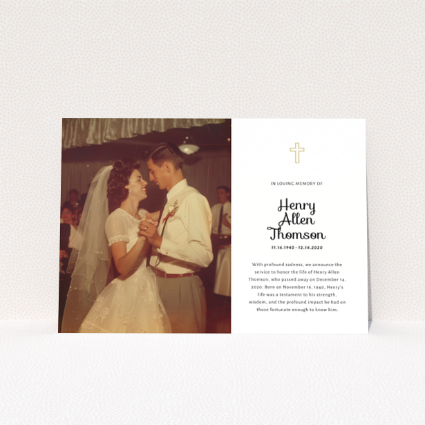 Funeral announcement card design with one photo featuring a couple dancing on their wedding day.