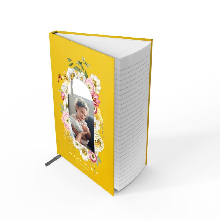 Floral design personalised portrait notebooks with yellow background and one photo placeholder