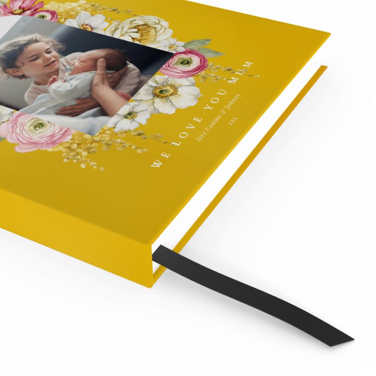 Floral design personalised portrait notebooks with yellow background and one photo placeholder