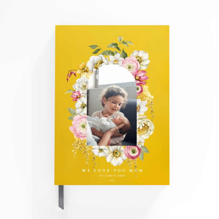 Floral design personalised portrait notebooks with yellow background and one photo placeholder