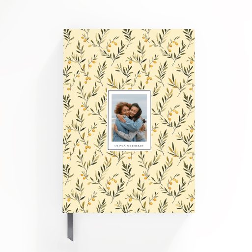 Floral pattern portrait notebook cover design with one photo placeholder for personalised printing.