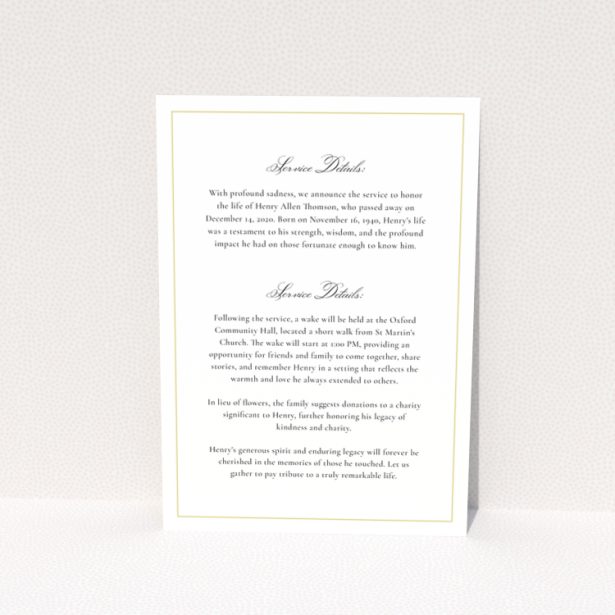 Funeral announcement reverse side design with service details text, no photos, Portrait