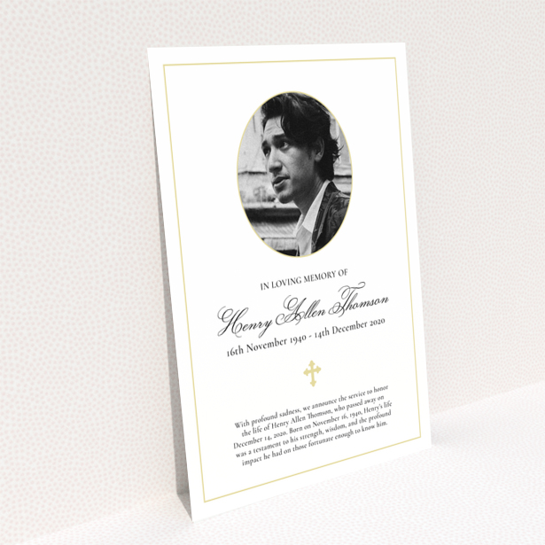 Funeral announcement reverse side design with service details text, no photos, Portrait