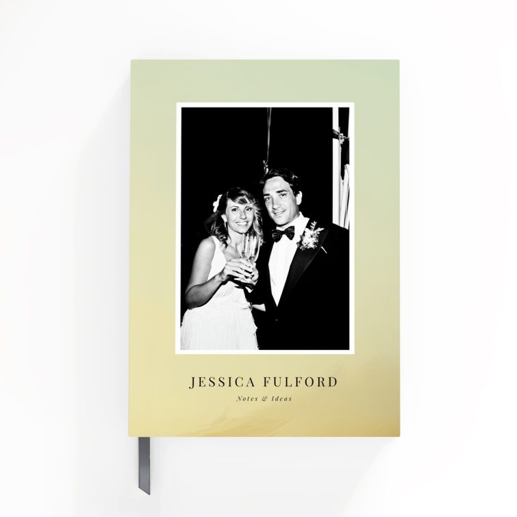 Elegant personalised notebook cover design featuring one black and white photo, by Utterly Printable.