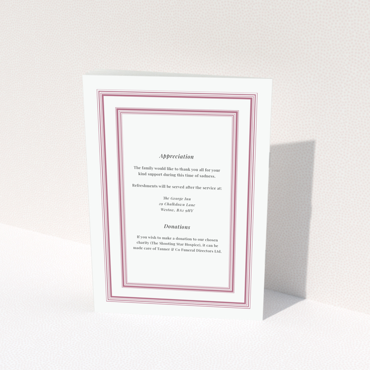 Funeral order of service program back page design in portrait orientation with pink border and space for text, no photos included.