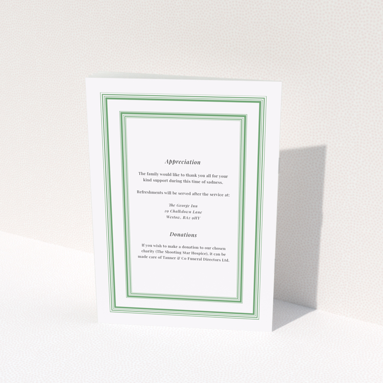 Funeral order of service program design reverse side with appreciation and donations text green border single photo Portrait