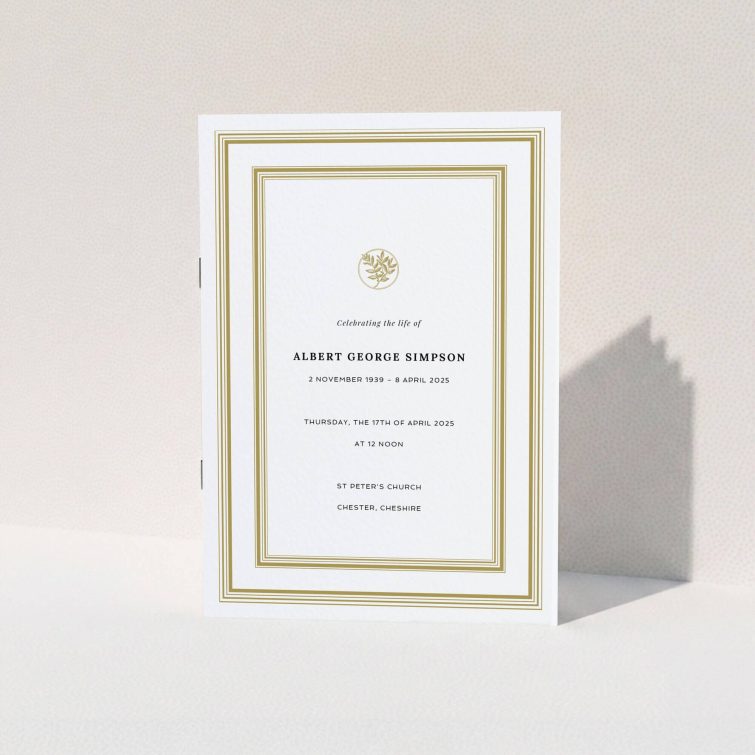 Elegant funeral order of service program design with one decorative element and gold border.