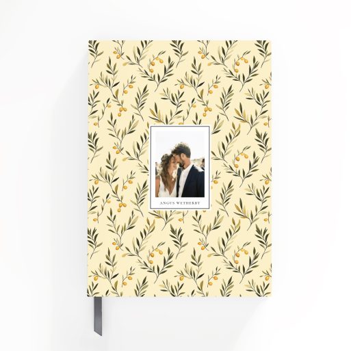 Floral pattern portrait notebook cover design with one photo placeholder.